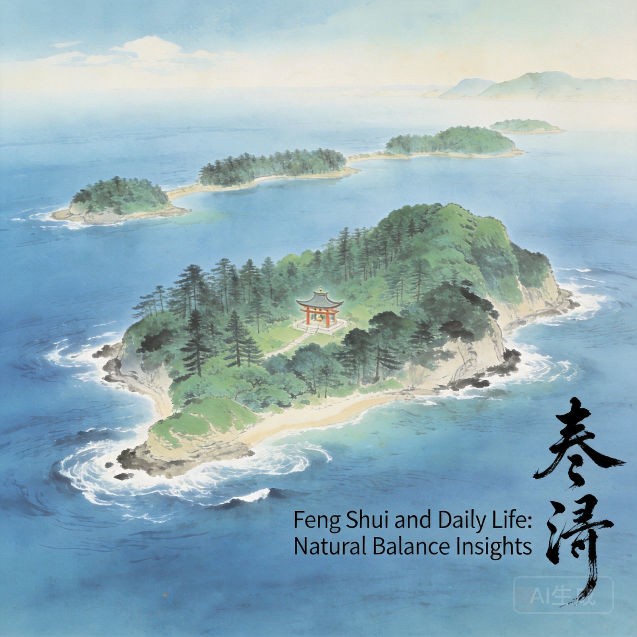 Aerial shot of Okinoshima Island surrounded by smaller forested barrier islands in the clear blue Genkai Sea, with no visible man-made structures other than the small Okitsu-gū shrine