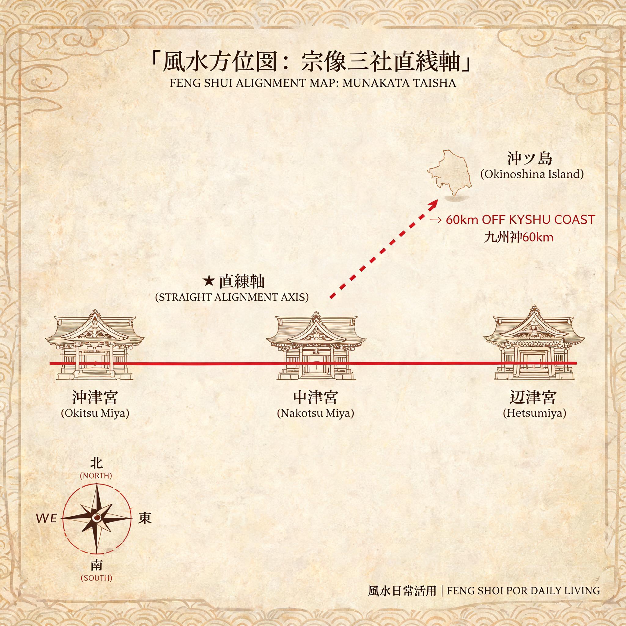 Annotated map showing the straight axis alignment of the three Munakata Taisha shrines, with directional markers pointing directly to Okinoshima Island 60km off the Kyushu coast