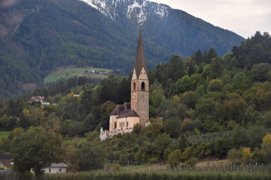 Church steeple amidst trees with mountains behind