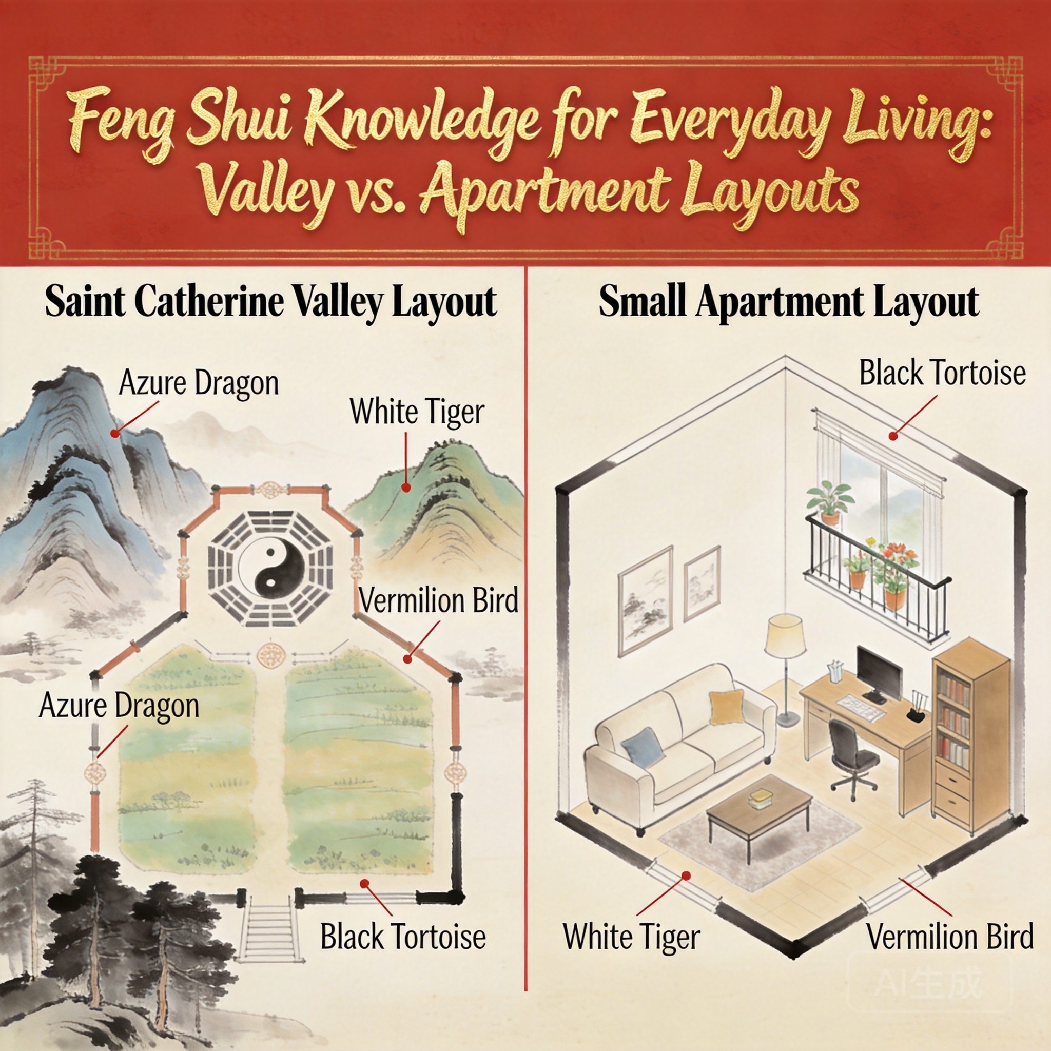 Side-by-side comparison of the Saint Catherine valley layout and a small apartment layout implementing the same 4 celestial animal principles