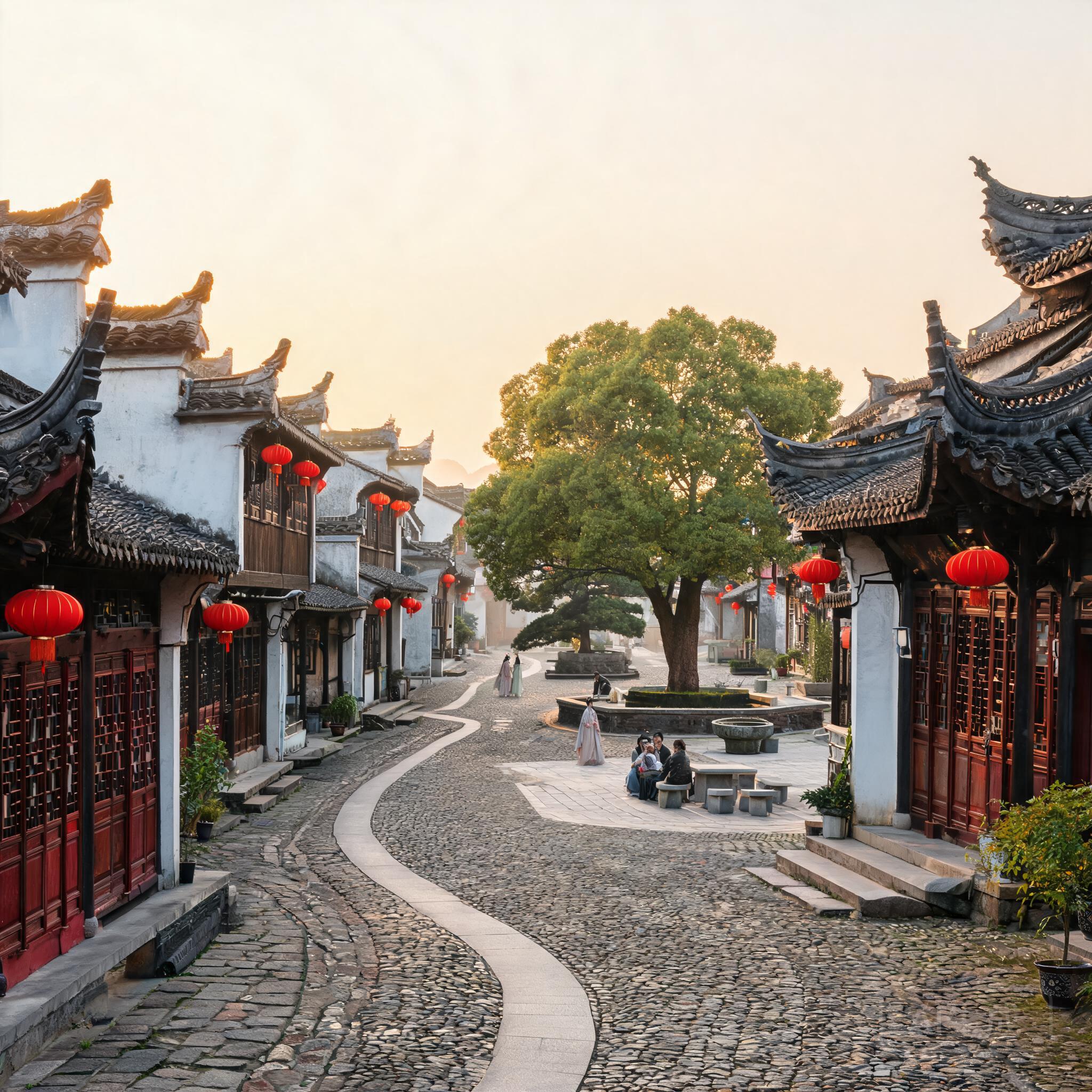 舊城區通往小型公共廣場的弧形街道，可見避免快速流動煞氣的格局設計