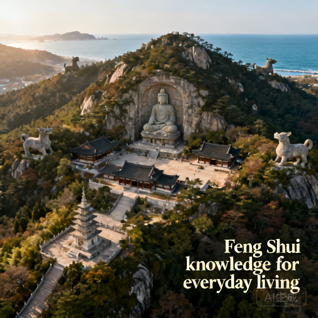 Aerial shot of Seokguram Grotto and Bulguksa Temple nestled in Toham Mountain, with East Sea visible in the distant east, showing the natural Four Celestial Animals landform surrounding the sites