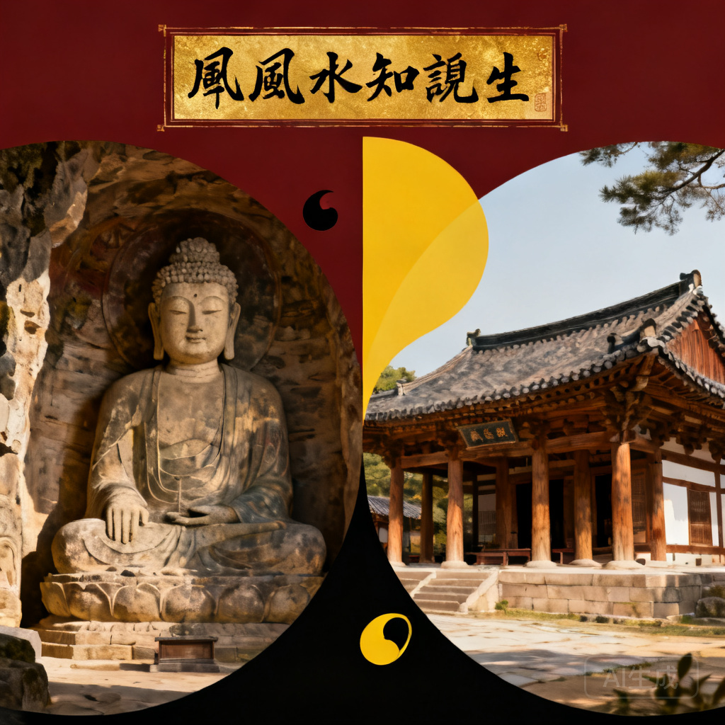 Side-by-side shot of Seokguram Grotto’s inner stone Buddha statue and Bulguksa Temple’s main Daeungjeon hall, illustrating the yin-yang balance between the two sites
