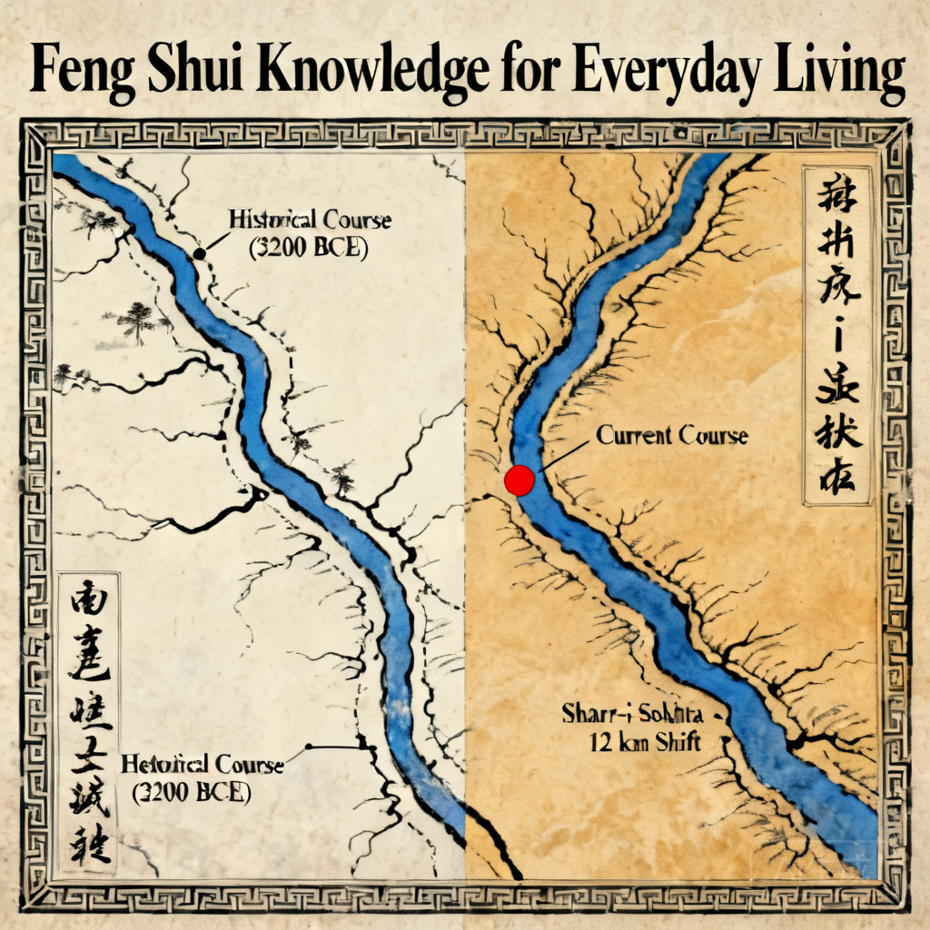 Historical map of the Helmand River’s 3200 BCE eastward course next to its current westward course, with Shahr-i Sokhta’s location marked to show the 12 kilometer shift