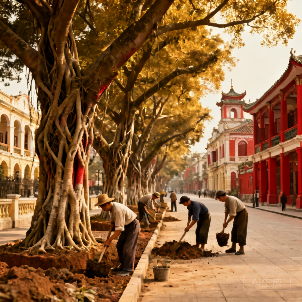 1920s construction photo of Shamian Island’s central avenue, showing workers planting banyan trees along the pedestrian path