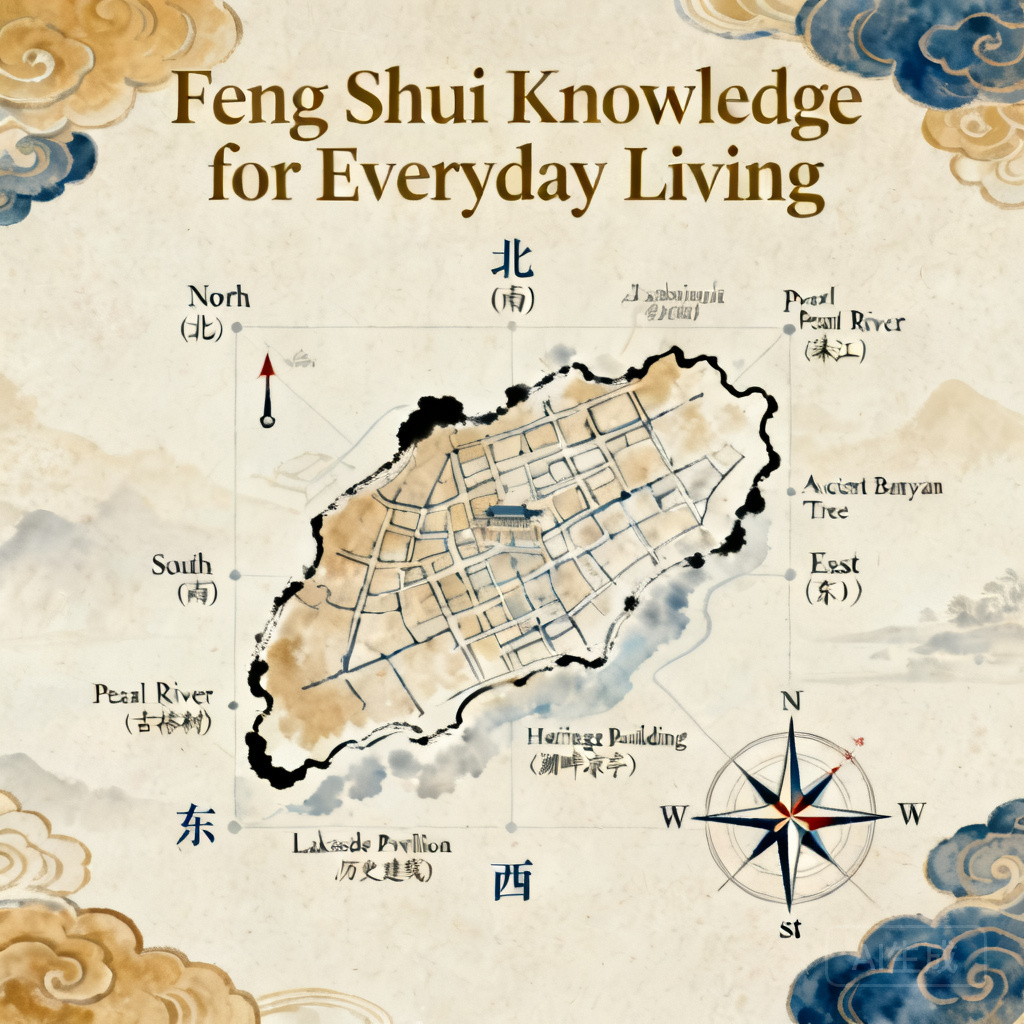 Labeled map of Shamian Island with cardinal direction surrounding feature notes