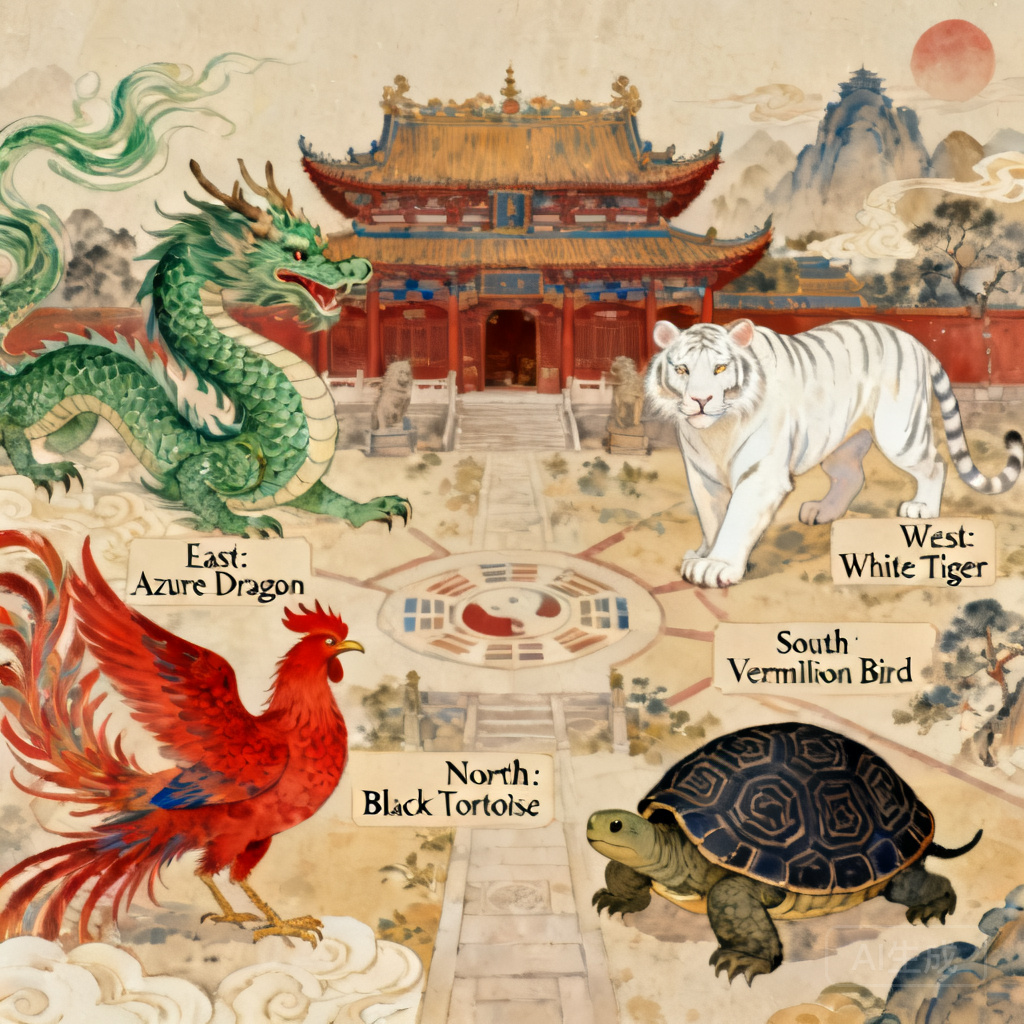 Illustration of the four celestial feng shui animals mapped to the temple’s surroundings