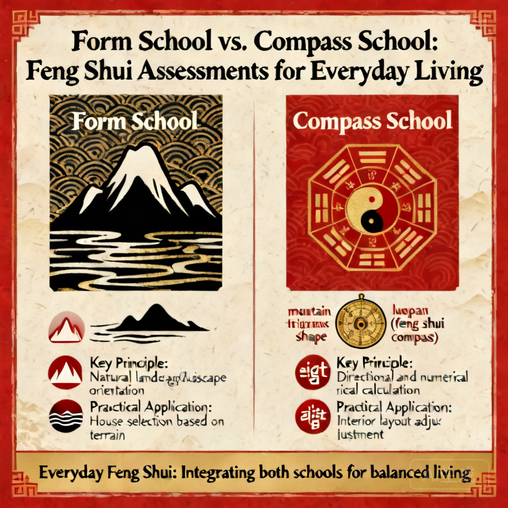 Infographic comparing Form School and Compass School feng shui assessments of the site