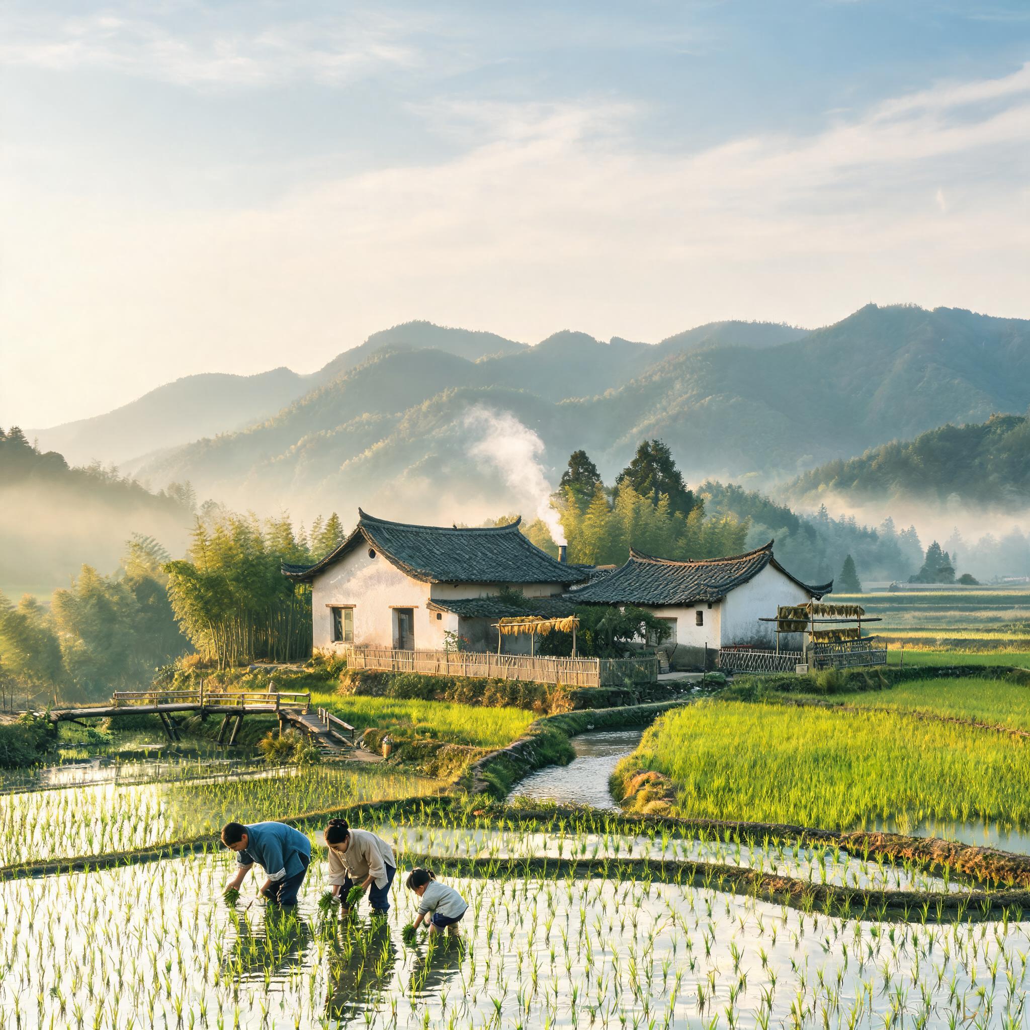 Photo of a small family rice farm on the southern border of Shirakami-Sanchi, with visible mountain ridges in the background