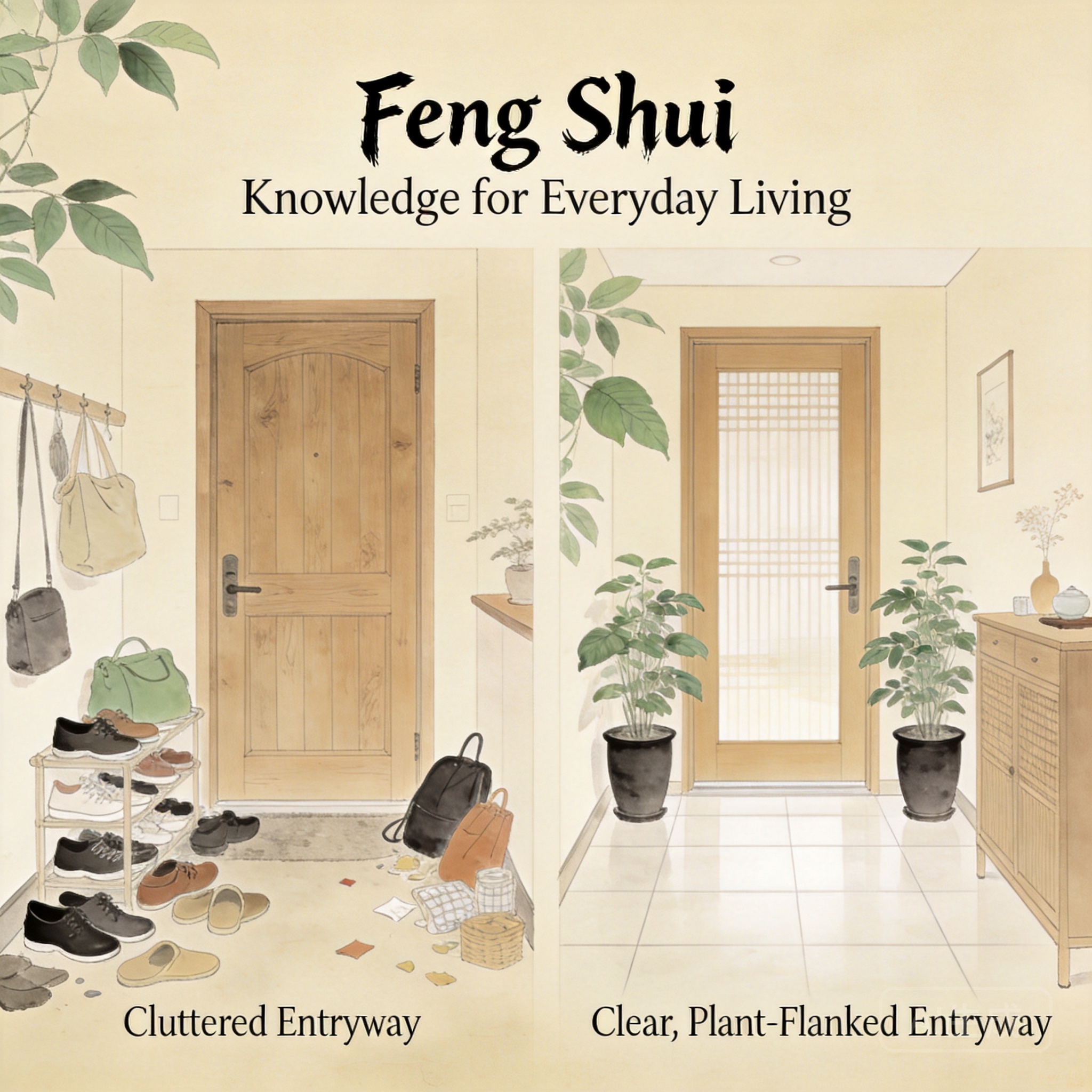 Side-by-side comparison of a cluttered home entryway and a clear, plant-flanked entryway modeled after Shirakami-Sanchi’s southern valley entrances