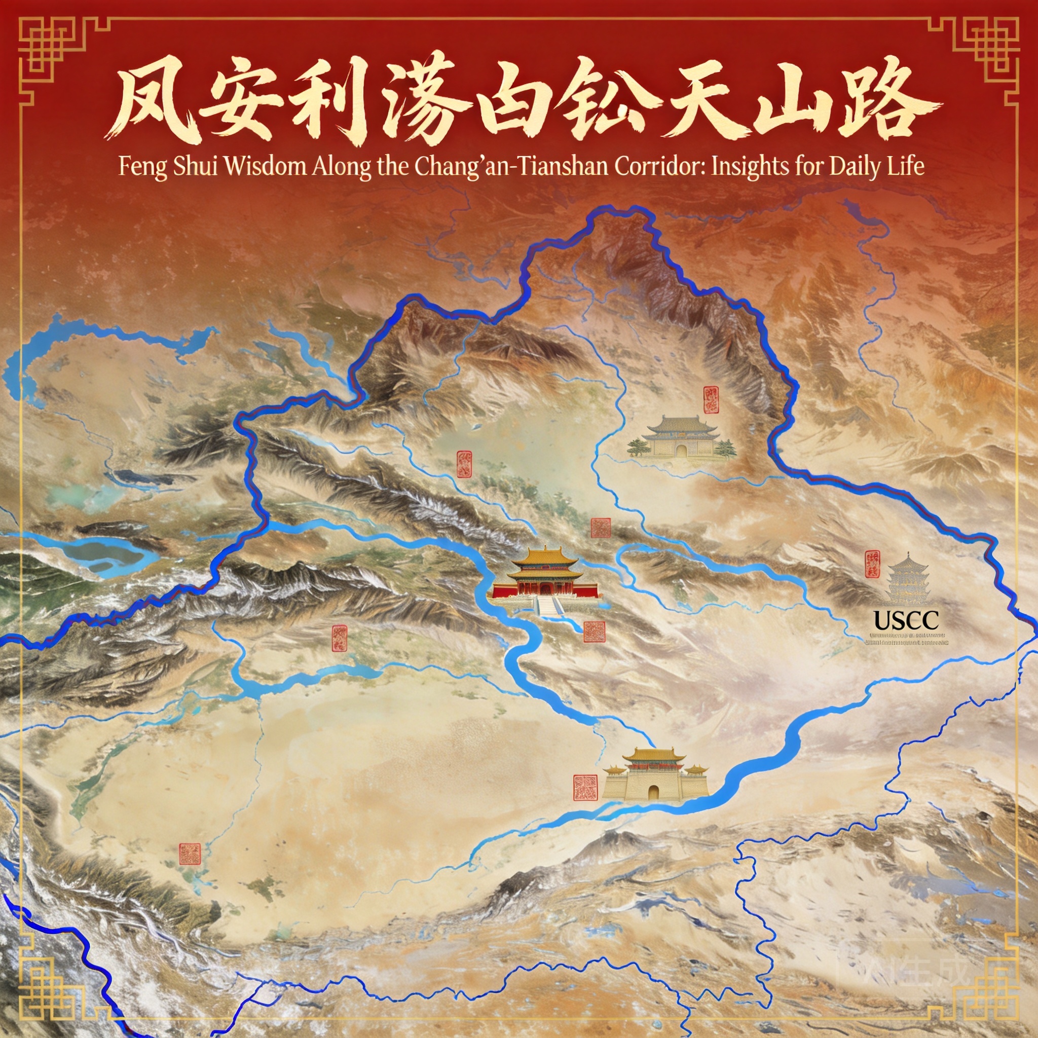 Satellite map of the Chang’an-Tianshan Corridor showing the Tianshan Mountain range, major river systems, and marked UNESCO heritage sites along the route