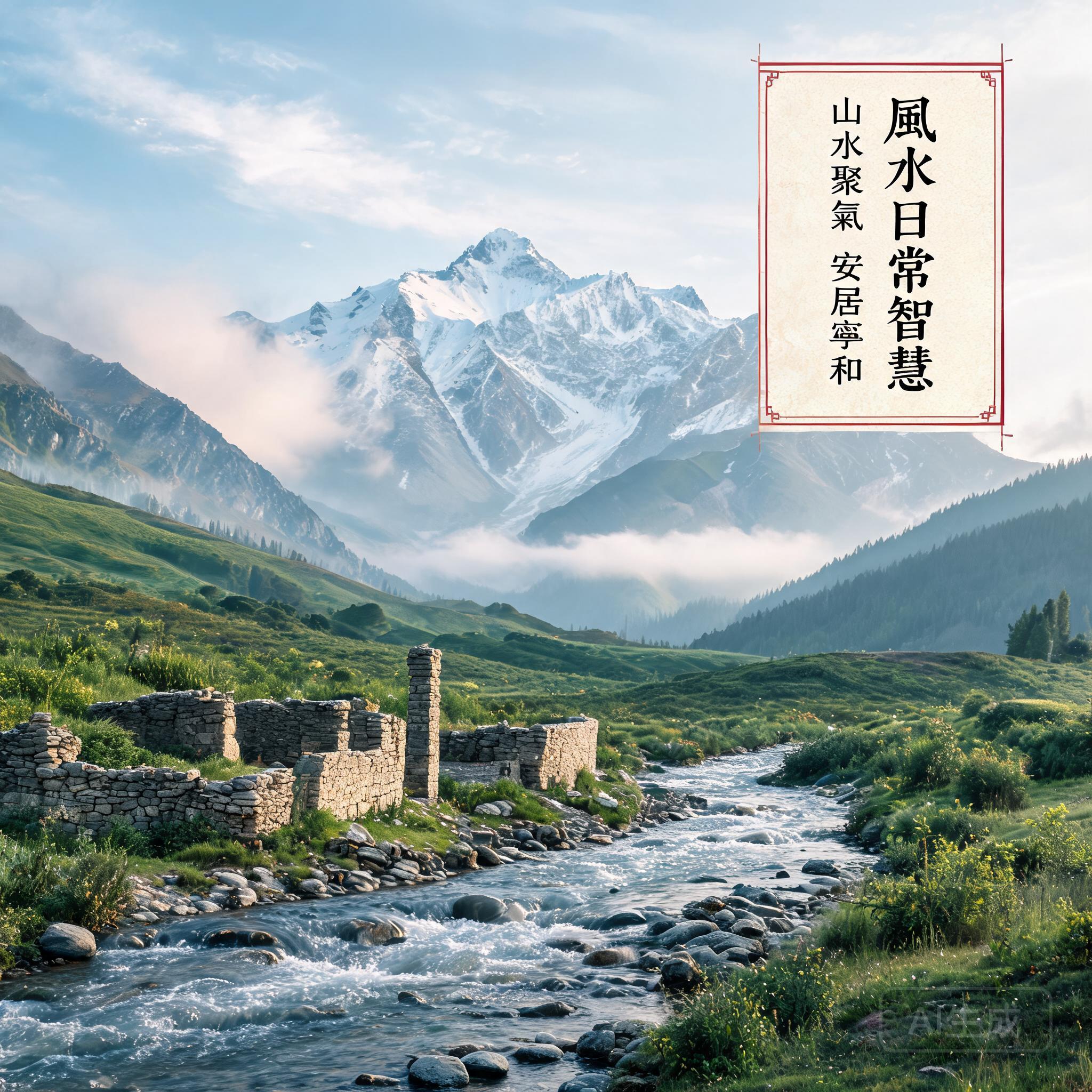 Photo of the Tianshan Mountain foothills in Kyrgyzstan, with the preserved ruins of a 10th-century caravan stop visible in the foreground next to a small glacial stream