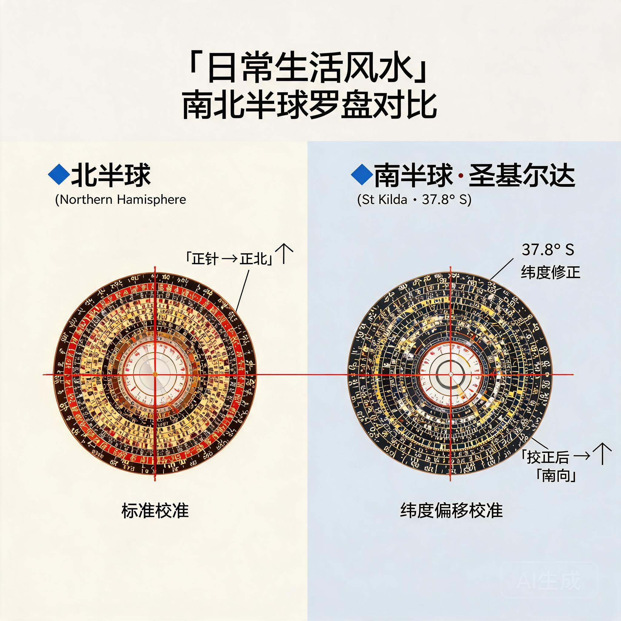Side-by-side comparison of Northern vs Southern Hemisphere luopan alignment, with St Kilda’s 37.8° S latitude correction marked