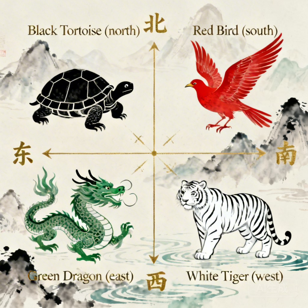 Infographic: Form school feng shui breakdown marking Black Tortoise (north), Red Bird (south), Green Dragon (east), White Tiger (west) positions