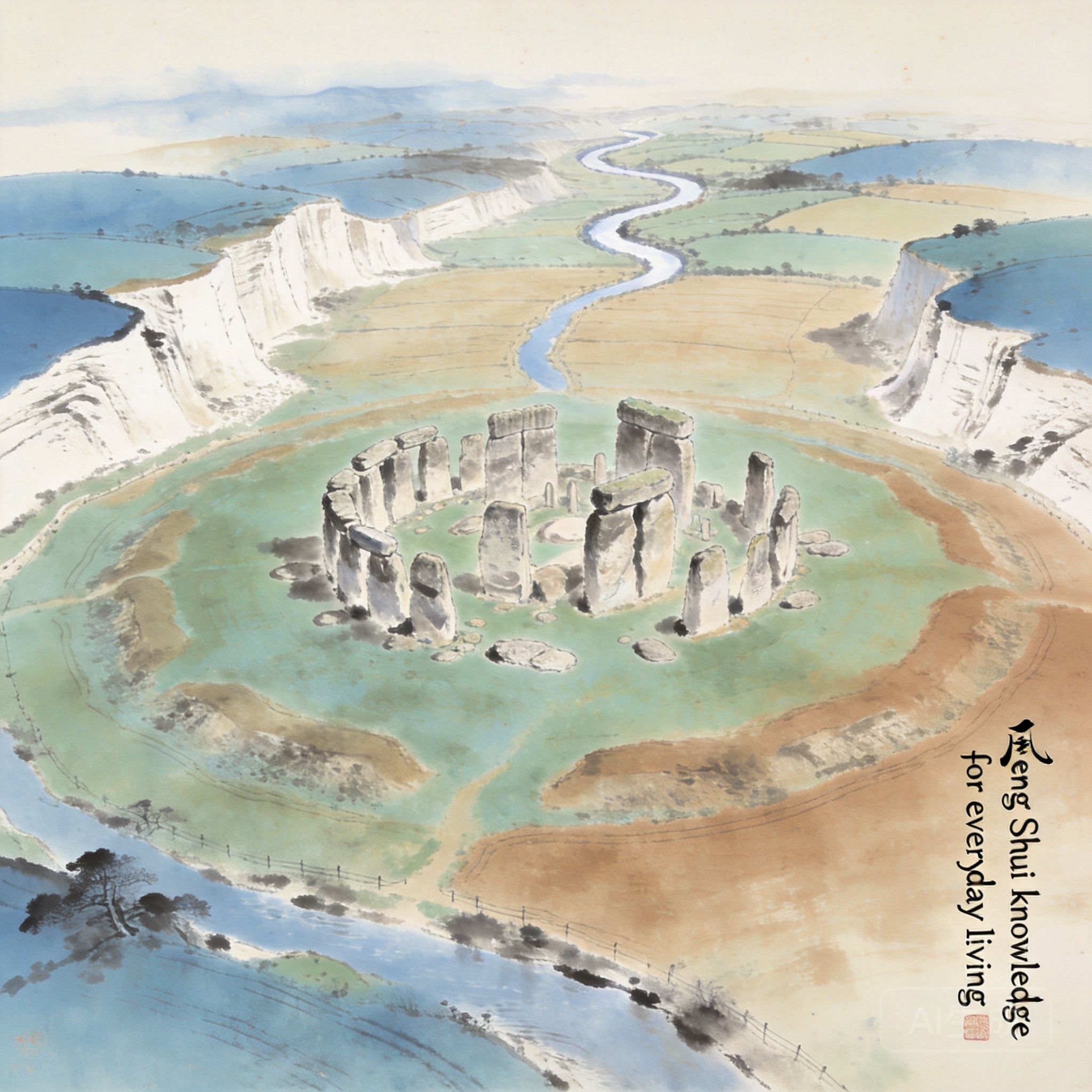 Aerial panoramic shot of the entire Stonehenge and Avebury complex showing surrounding chalk ridges, central plain, and Avon River path