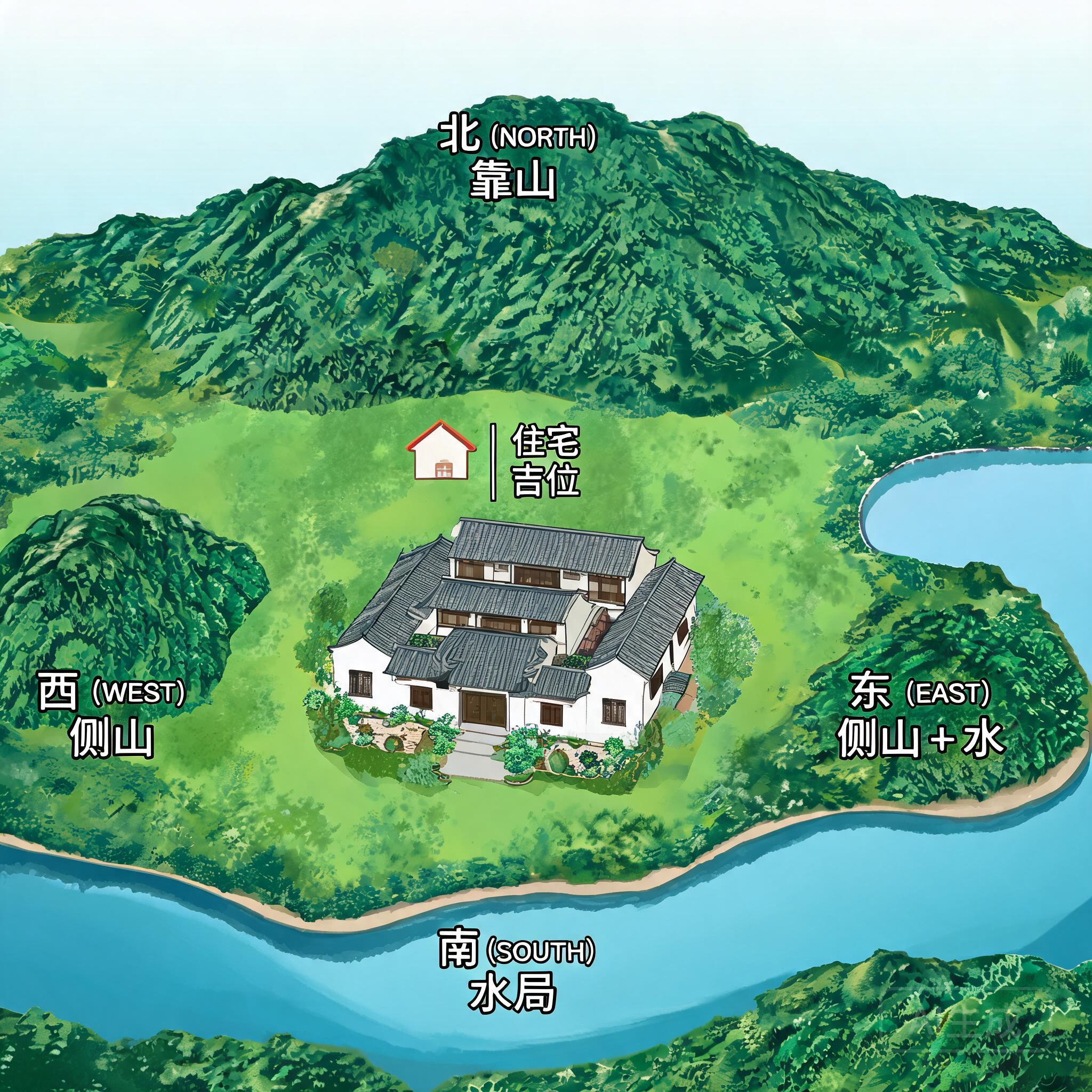 Overhead shot of the site marked with feng shui directional labels, showing northern backing hill, east/west side hills, and southern/eastern water features
