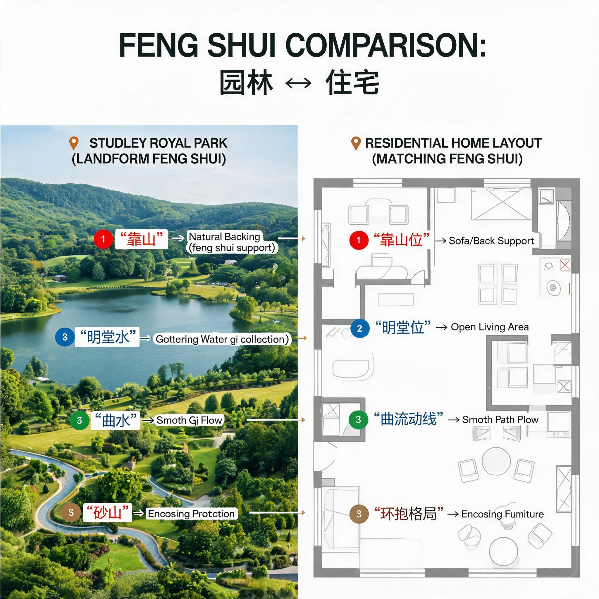 Side-by-side comparison of Studley Royal Park’s landform layout and a typical residential home layout, marking matching feng shui features