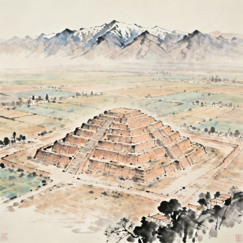 Aerial shot of Tchogha Zanbil ziggurat showing surrounding Khuzestan plains, Zagros Mountains visible on the northern horizon