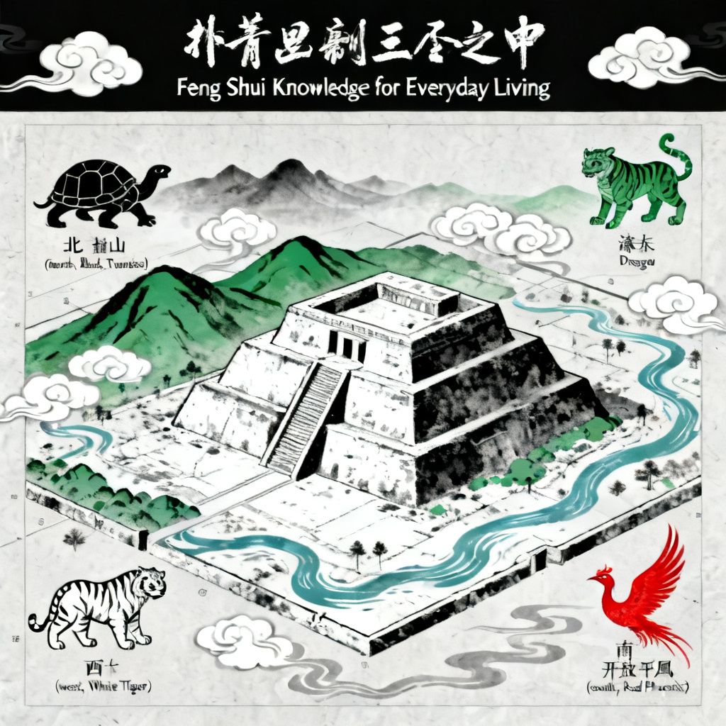 Site map of Tchogha Zanbil labeling the four celestial animals landforms: Zagros Mountains (north, Black Tortoise), rolling hills (east, Green Dragon), Karkheh River (west, White Tiger), open plains (south, Red Phoenix)