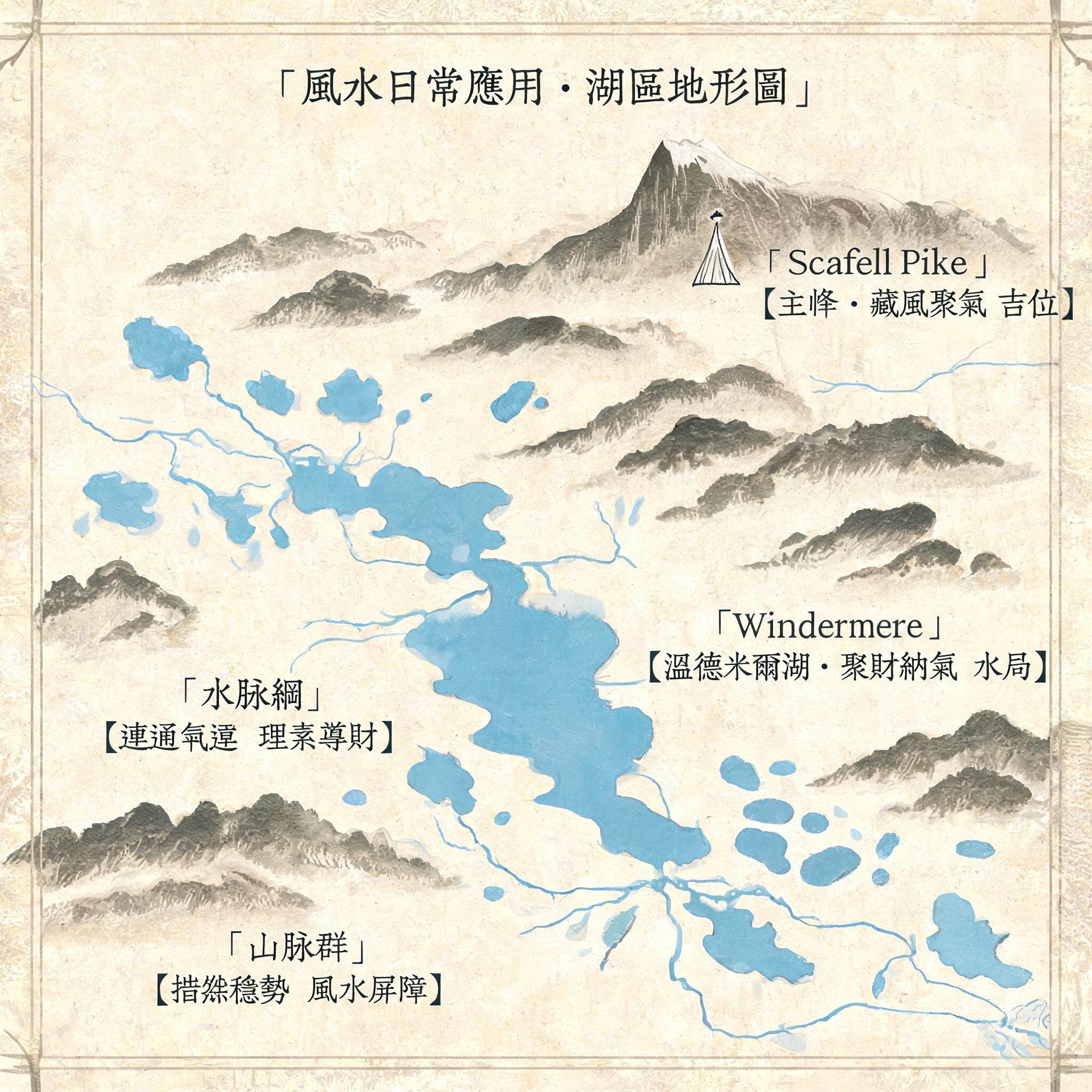 Topographic map of the Lake District highlighting mountain ranges, 16 major lakes, and river networks, with labels for Scafell Pike and Windermere