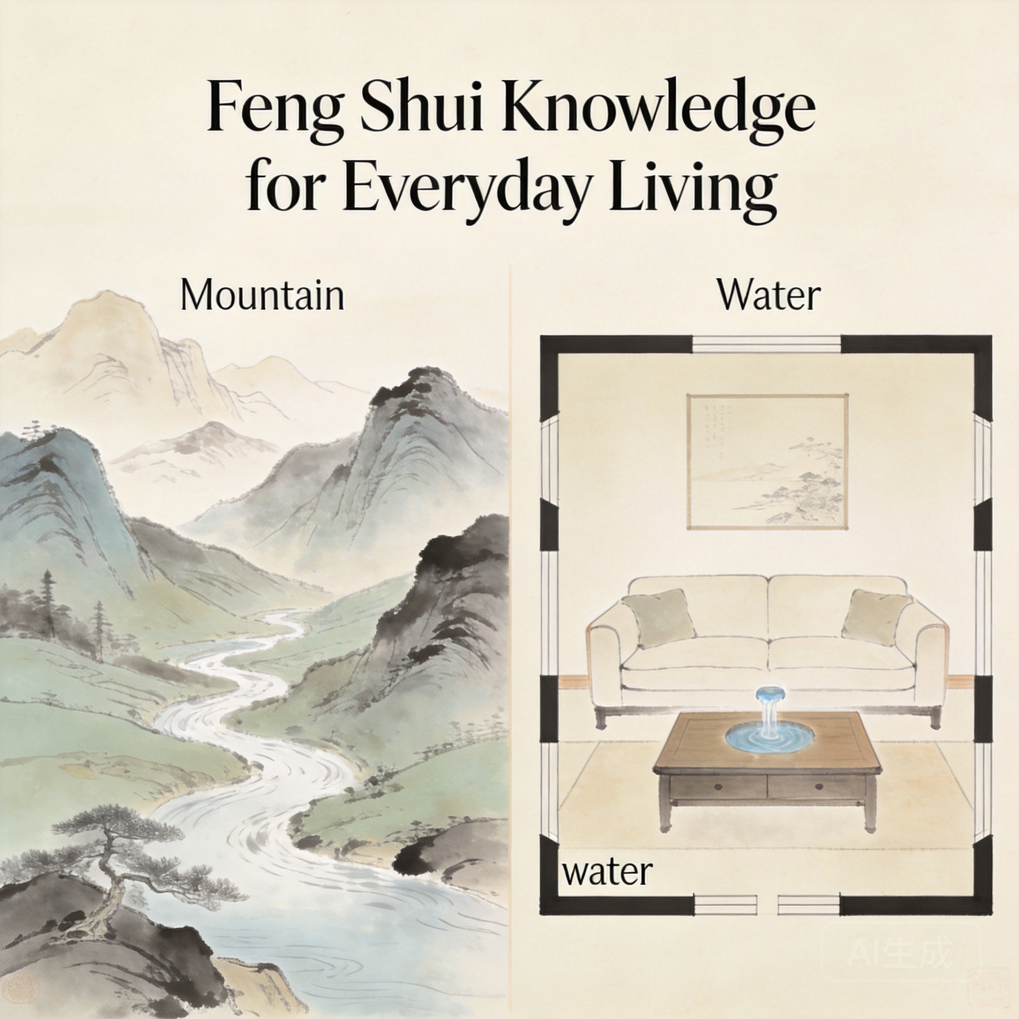 Side-by-side comparison of a Lake District valley layout and a typical living room layout, showing “mountain” (sofa against wall) and “water” (coffee table with small water feature) placement