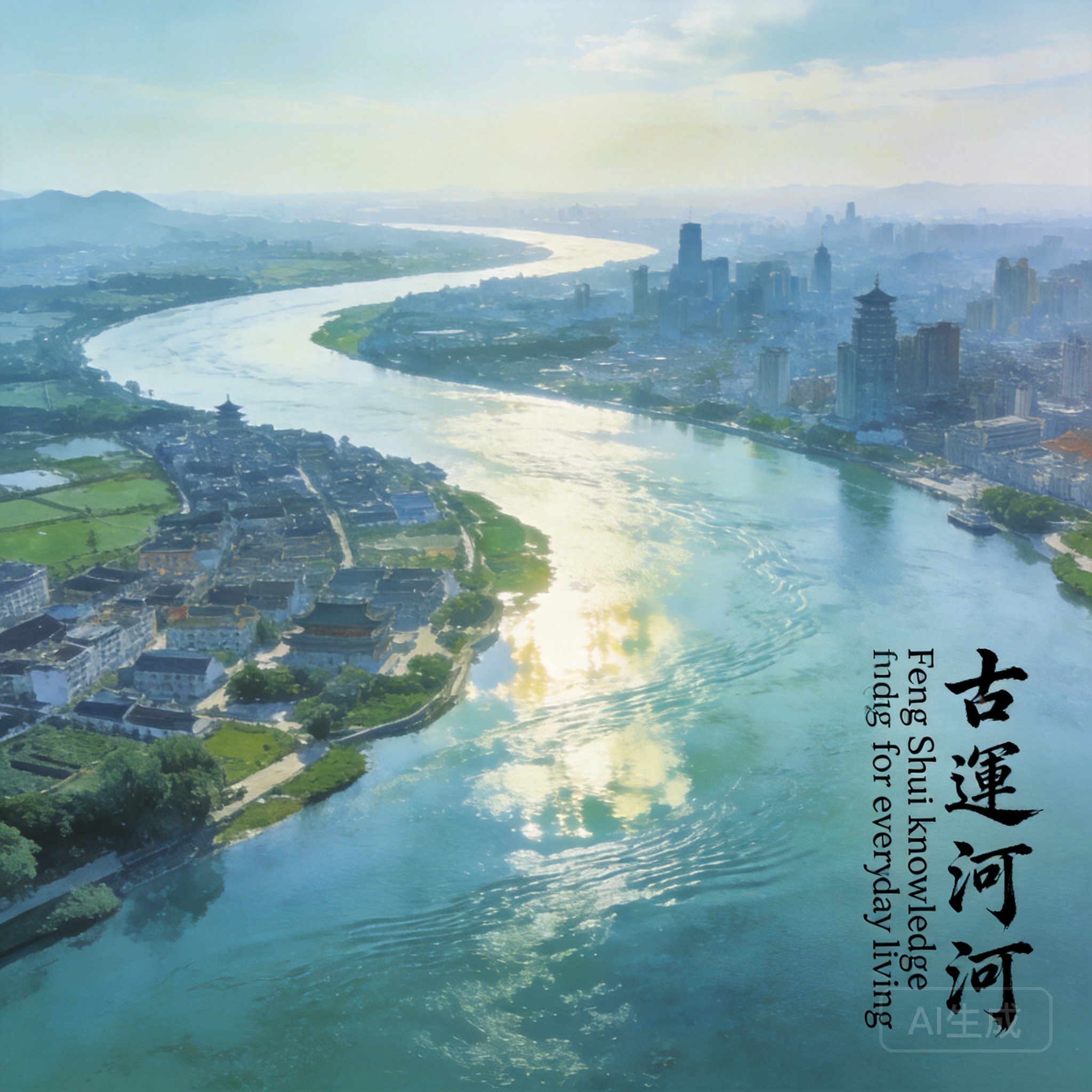 Aerial panoramic shot of the Grand Canal’s winding route through the Yangtze River Delta, with adjacent city clusters visible along its banks
