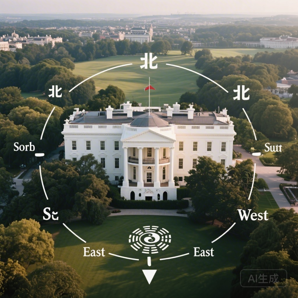 Hero aerial shot of the White House showing all four cardinal directions, with north, south, east, west labels overlaid on surrounding terrain