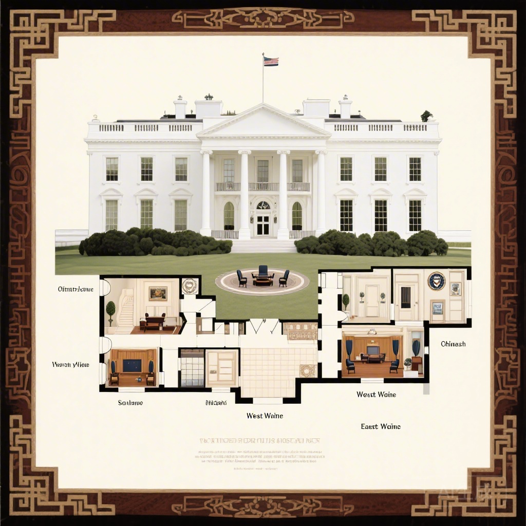 Labeled White House floor plan highlighting key structural and feng shui features, including the Oval Office, North Portico, South Portico, West Wing, and East Wing