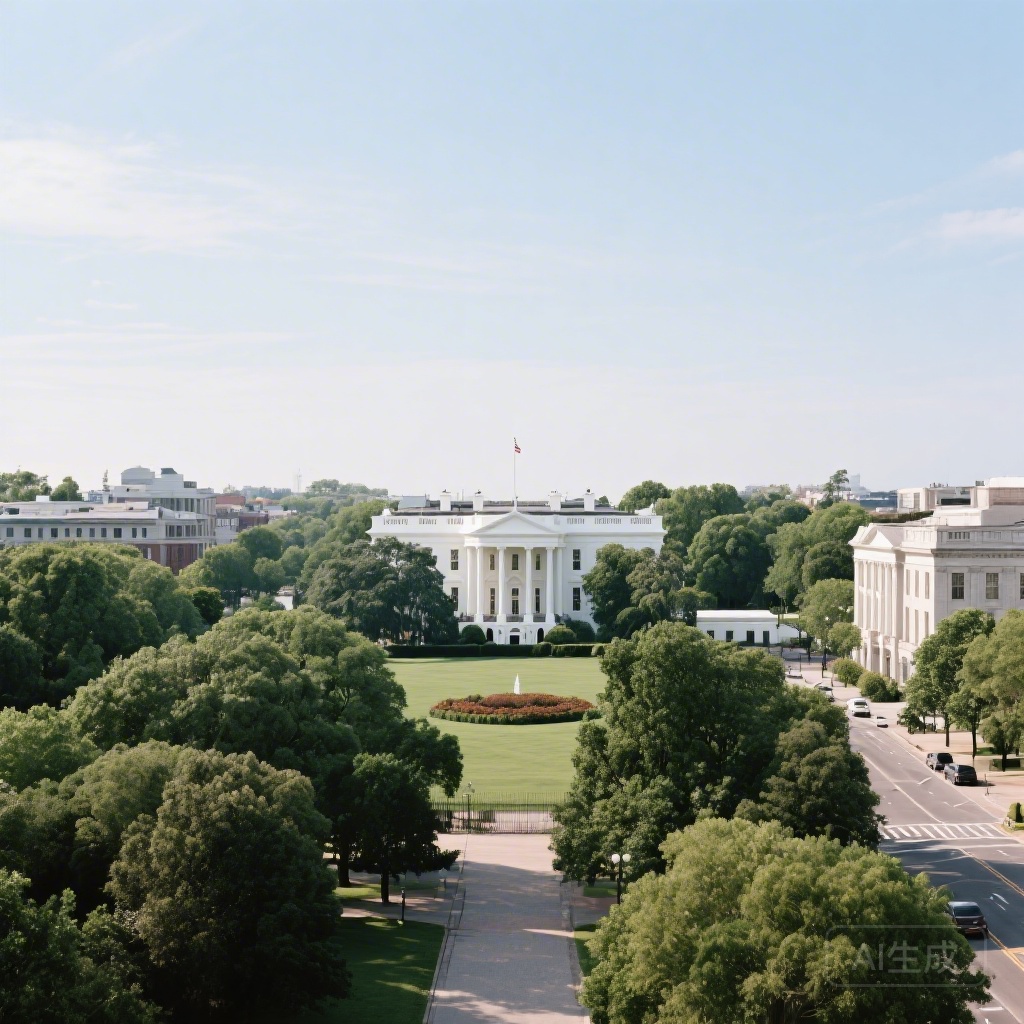 Photo of the White House facing north toward Lafayette Square, showing the dense tree cover and low-rise government buildings along H Street NW