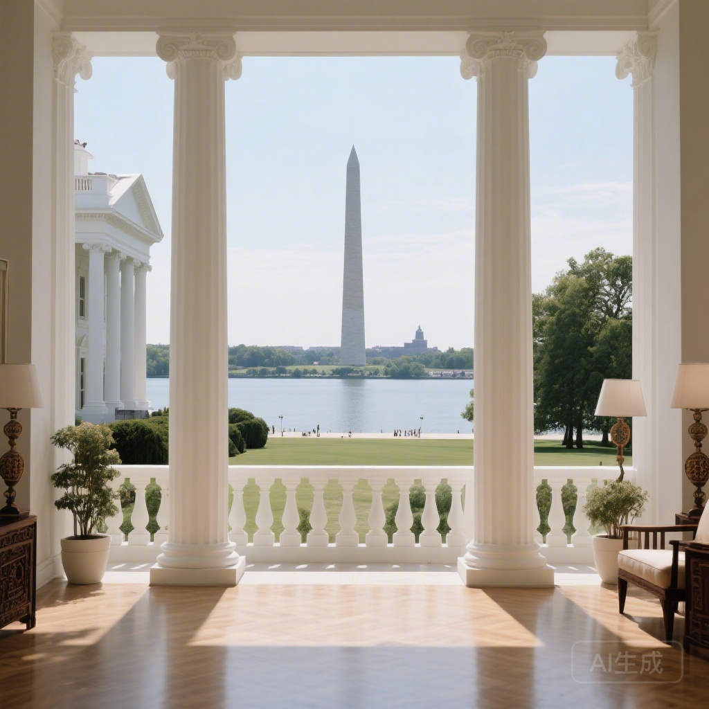 Photo of the White House facing south toward the Washington Monument and Potomac River, showing the full expanse of the unobstructed bright hall space to the south