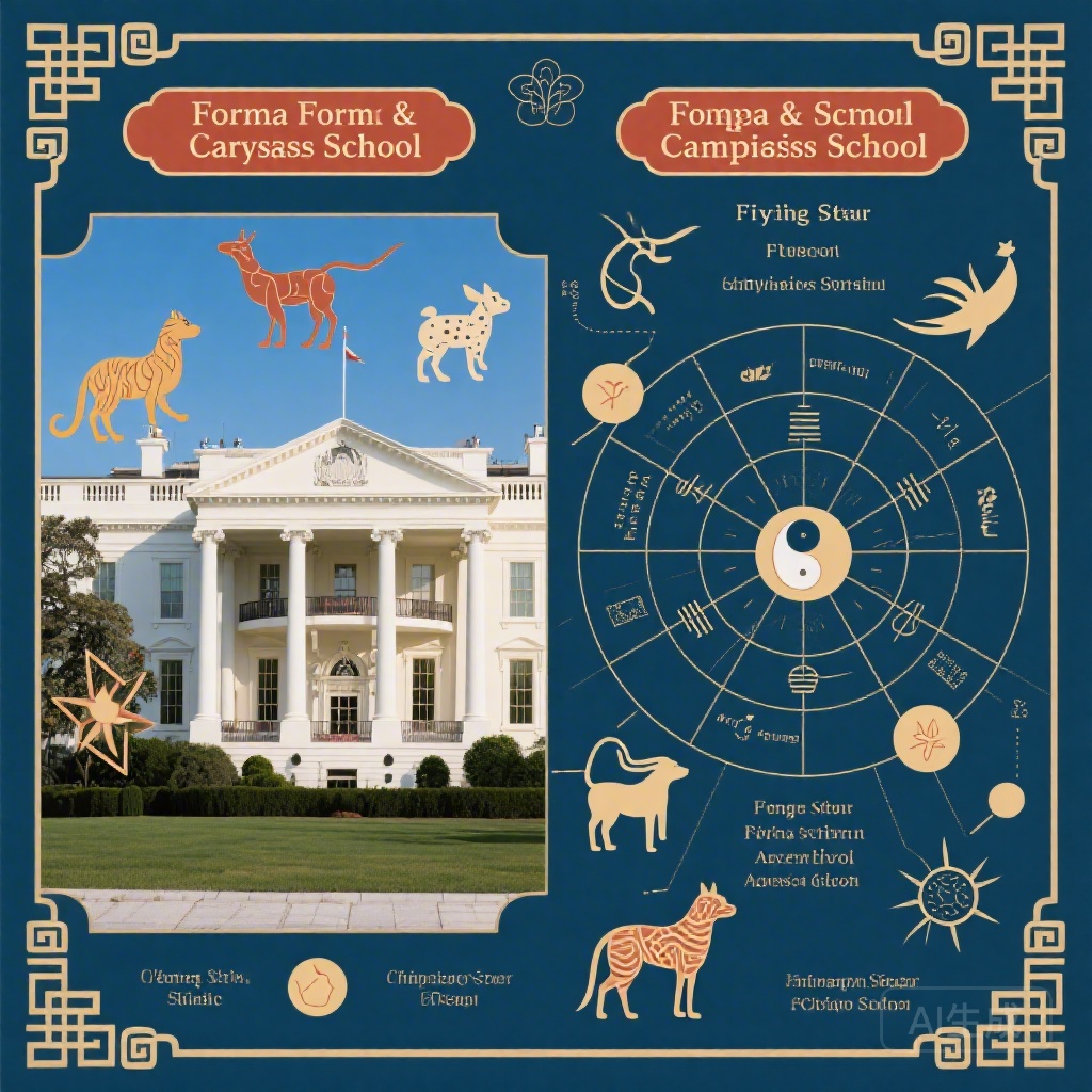 Side-by-side infographic comparing Form and Compass school feng shui assessments of the White House, with celestial animal labels for Form School and flying star chart overlay for Compass School