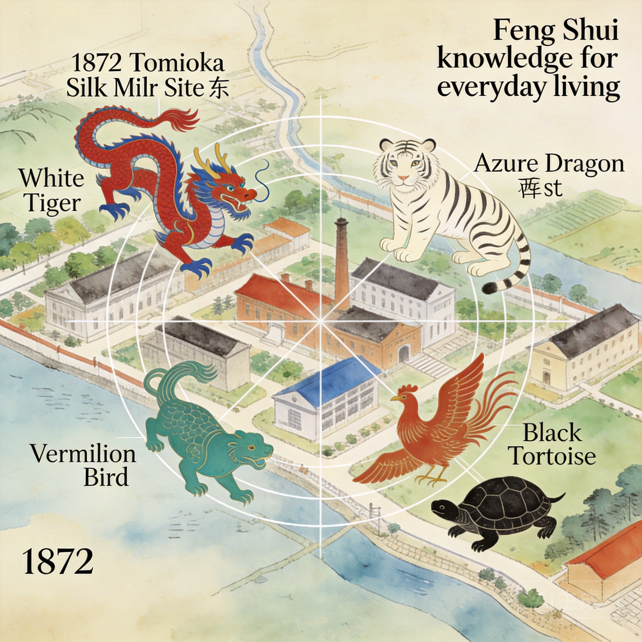 Overlay of the four celestial animals formation on a hand-drawn 1872 map of the Tomioka Silk Mill site