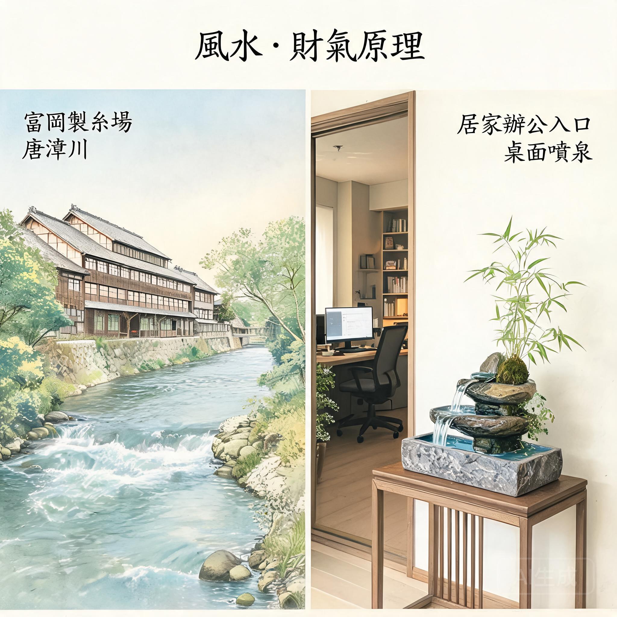 Side-by-side photo of the Karasugawa River at Tomioka Silk Mill and a small tabletop water fountain placed near a home office entrance, illustrating the wealth qi principle