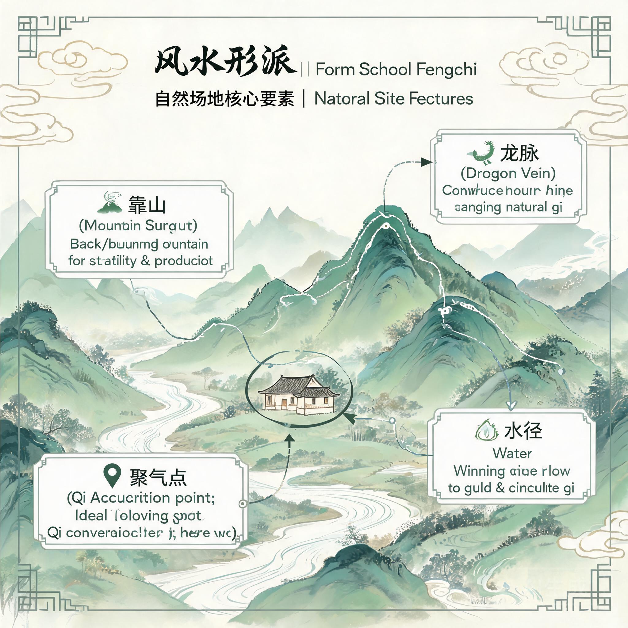 Infographic showing Form School feng shui core features for natural sites: mountain support, water path, dragon vein, qi accumulation point
