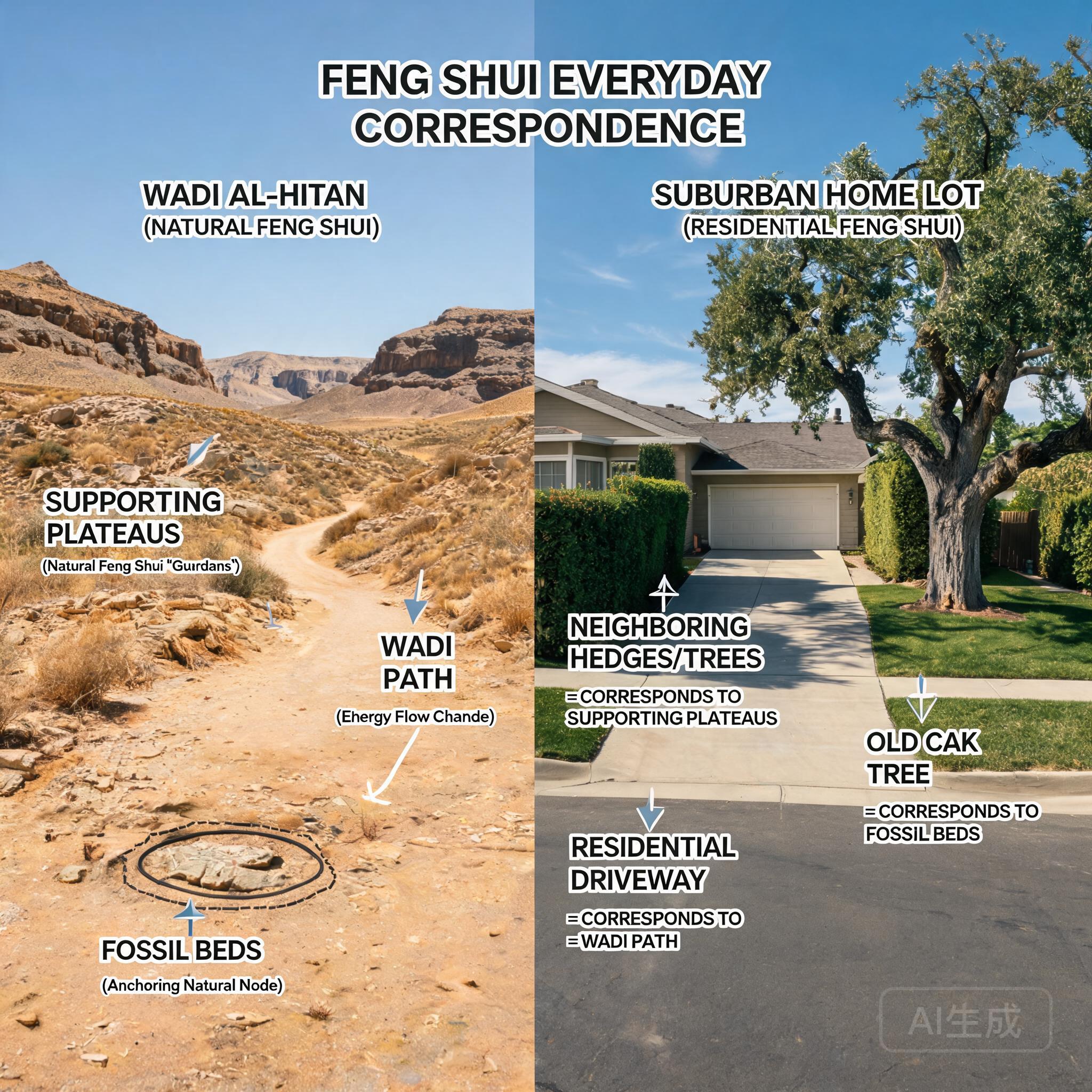 Side-by-side comparison graphic of Wadi Al-Hitan’s landform layout and a typical suburban home lot, labeling corresponding feng shui features (supporting plateaus = neighboring trees/hedges, wadi path = residential driveway, fossil beds = old oak tree on property)