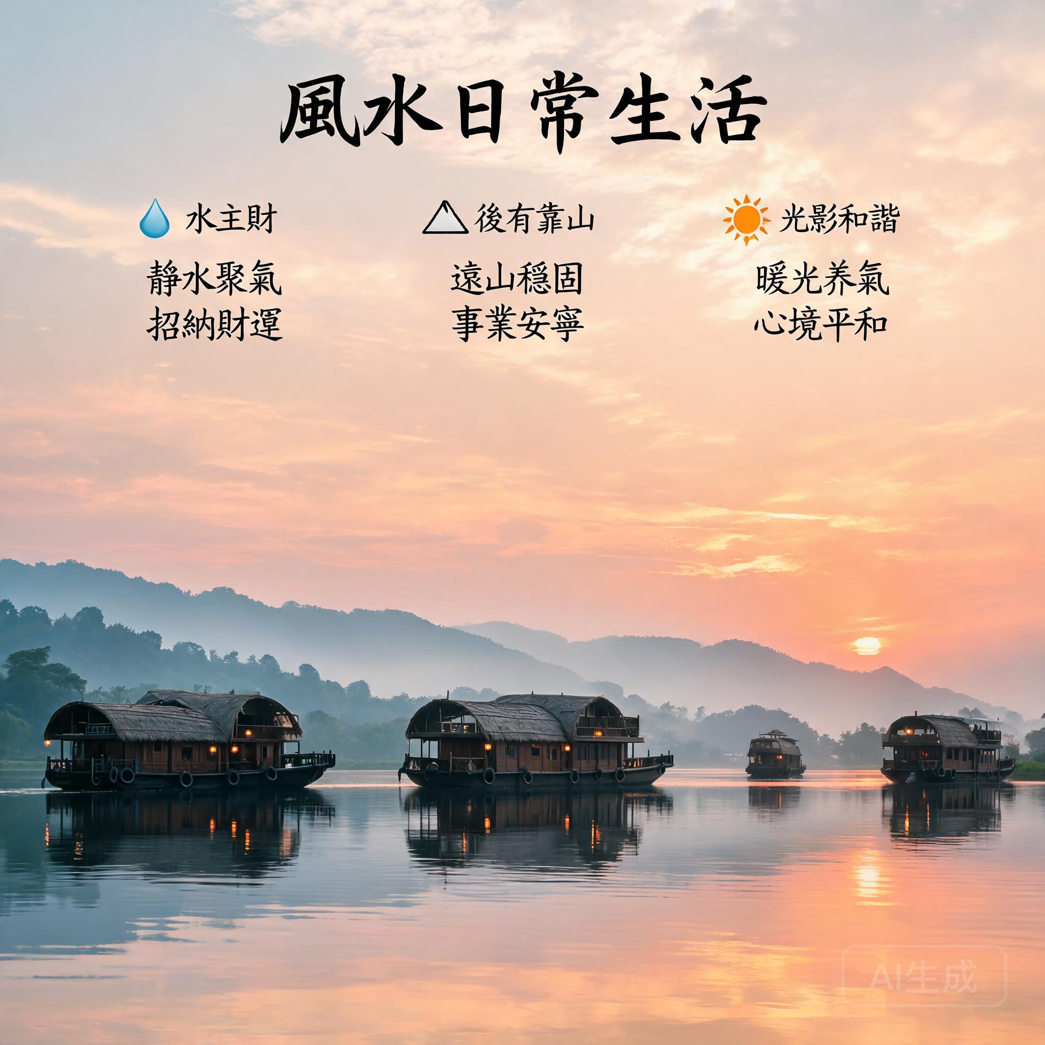 日落時分喀拉拉邦回水區的景色，小型船屋漂浮在平靜的水面上，遠處的地平線可見西高止山脈
