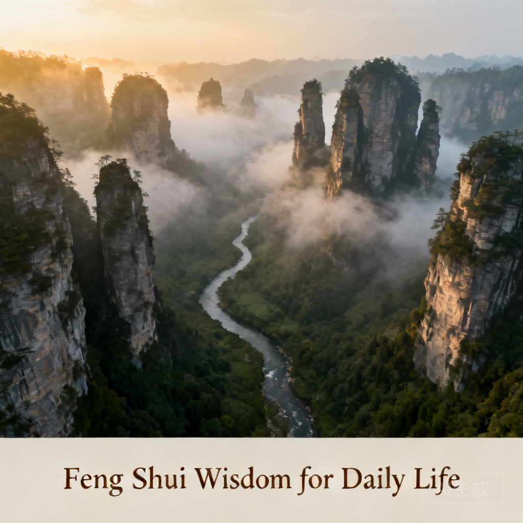 Wide aerial shot of Wulingyuan’s quartz sandstone pillars peeking through morning mist, with Jinbian Stream winding through the valley floor below