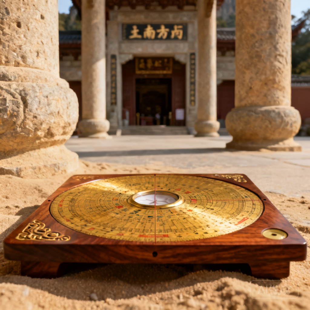 Close-up shot of a luopan (feng shui compass) placed at Wulingyuan’s main south-facing entrance, with sandstone pillars visible in the background