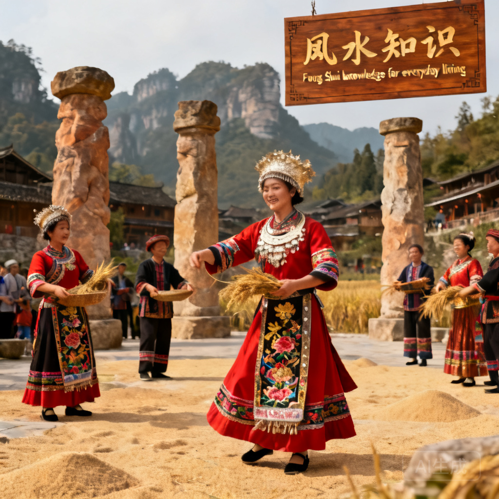 Shot of Tujia villagers performing a traditional harvest festival in a village bordering Wulingyuan, with sandstone pillars visible in the background