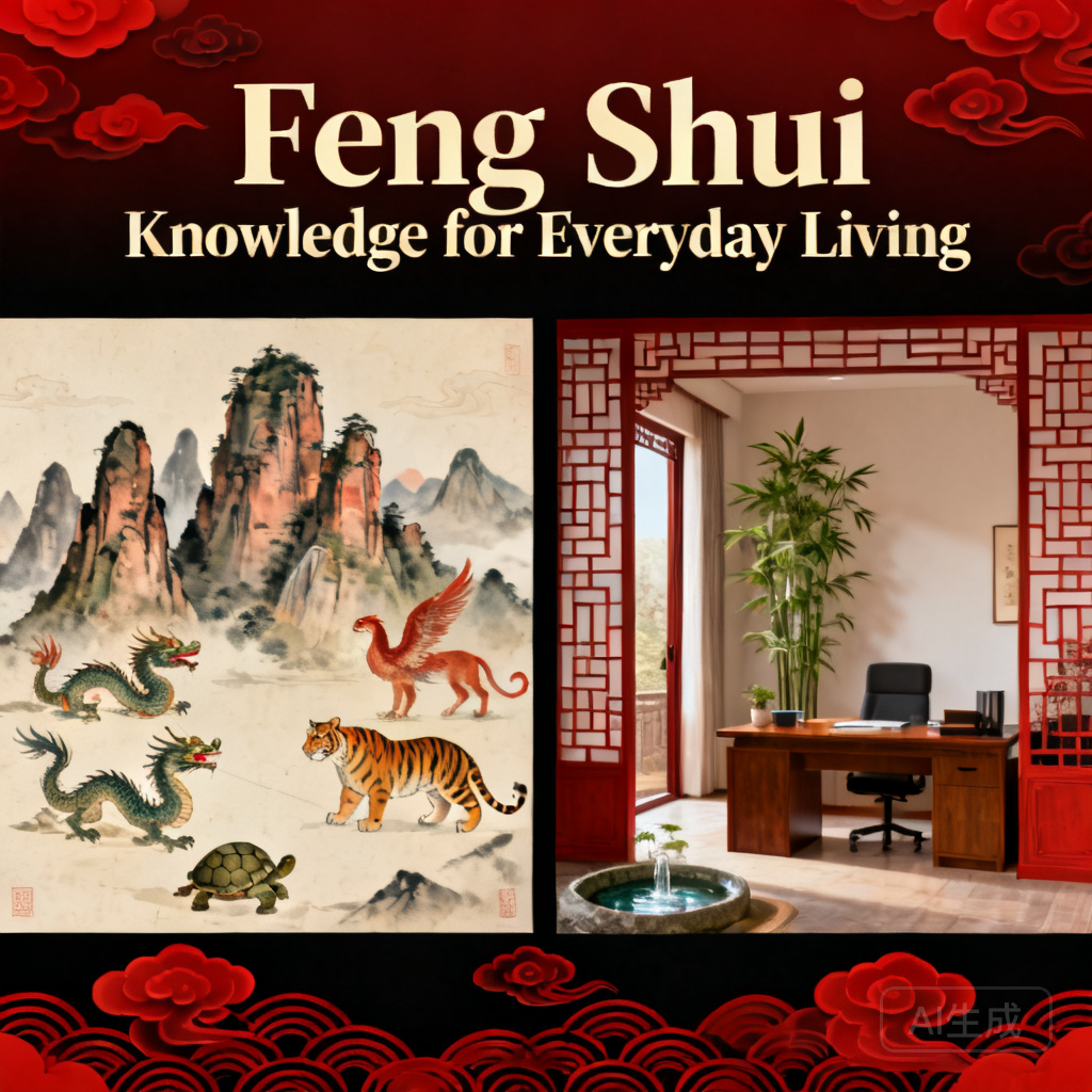 Side-by-side comparison shot of Wulingyuan’s 4 Celestial Animals alignment and a small home office layout that replicates the same structure, with a tall plant behind the desk, small water feature to the east, and clear entry to the room