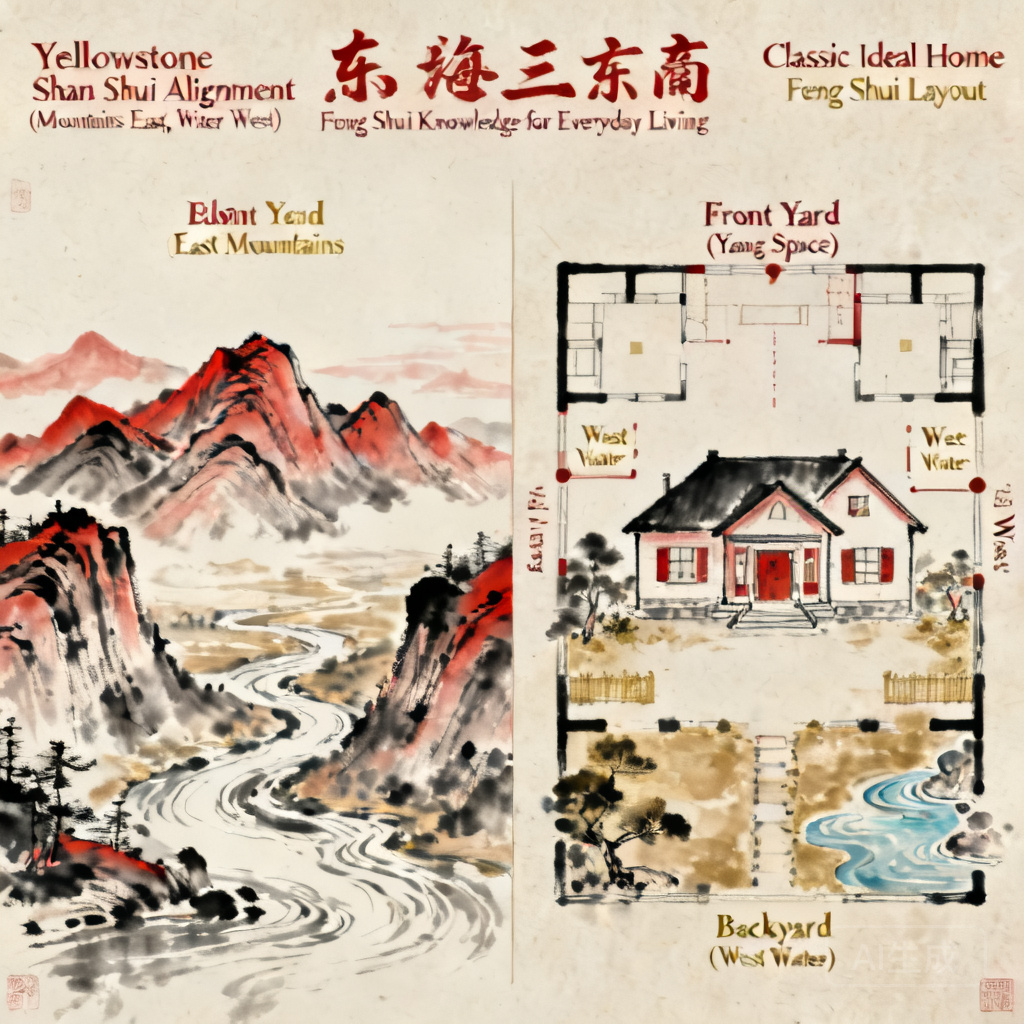 Side-by-side comparison of Yellowstone’s shan shui alignment (mountains east, water west) and a classic ideal home feng shui layout