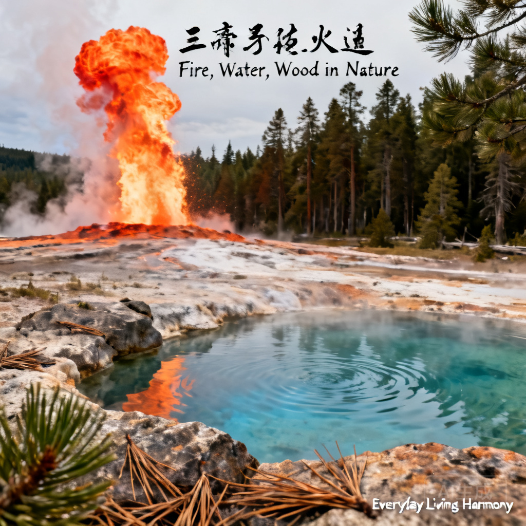 Close-up shot of Old Faithful erupting next to a pine forest and thermal pool, illustrating the balance of fire, water, and wood elements